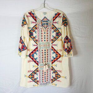 Sundance Linen Blend Aztec Embroidered Boho Tunic Dress Women's Size Large